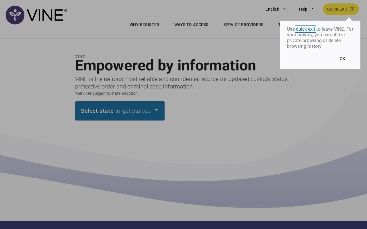 VINELink landing screen for custody searches and notification services